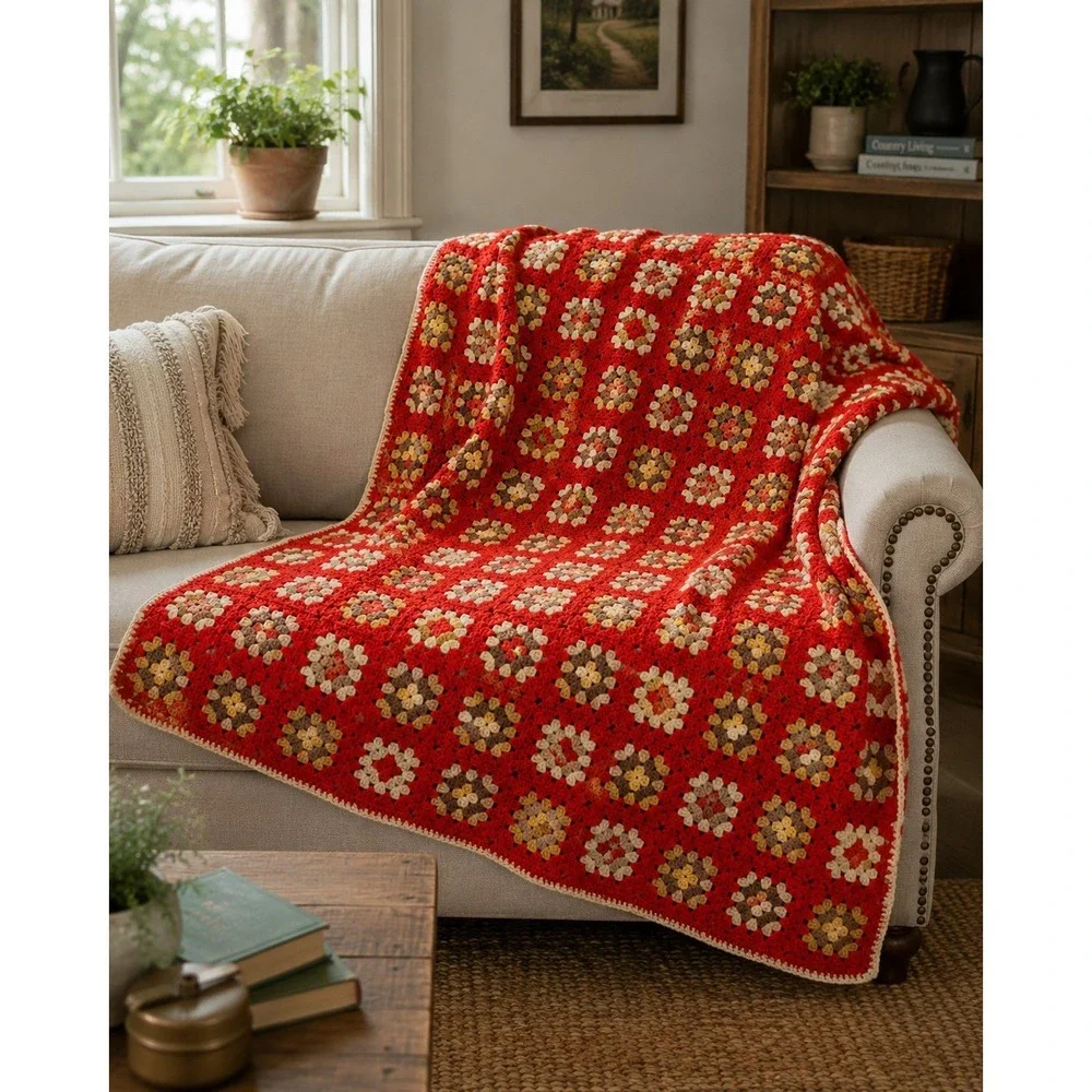 Vintage Handmade Granny Square Crochet Throw Blanket Red Brown Cream 60